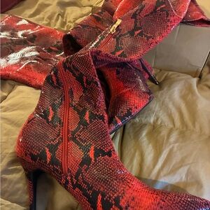 Red Snake Print Over the Knee Boots